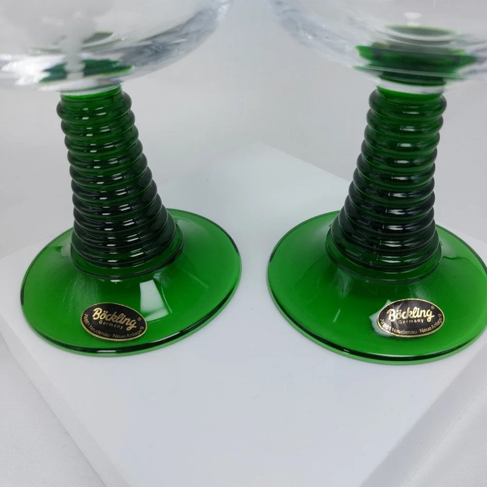2 Vintage Böckling Roemer Wine Glasses Green Ribbed Stem Clear‎ Etched Grapevine